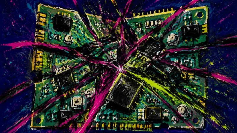 A tangled circuit board symbolizes career advice overload, blocked judgment, and pressure to choose