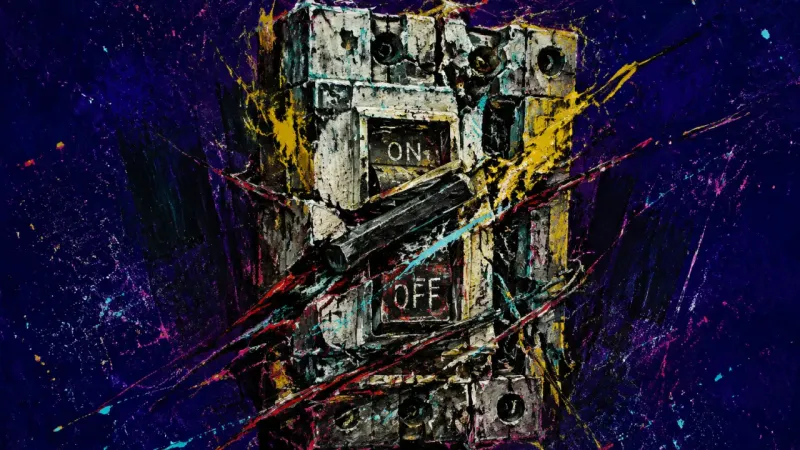 Breaker Under Pressure A distorted circuit breaker tangled in violent marks, representing defensive certainty and hidden