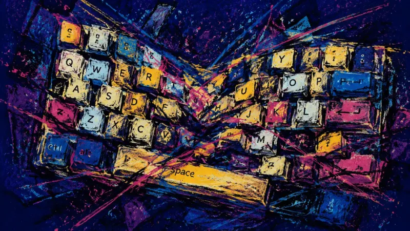 A distorted keyboard overwhelmed by conflicting lines, representing red-flag rationalization and the