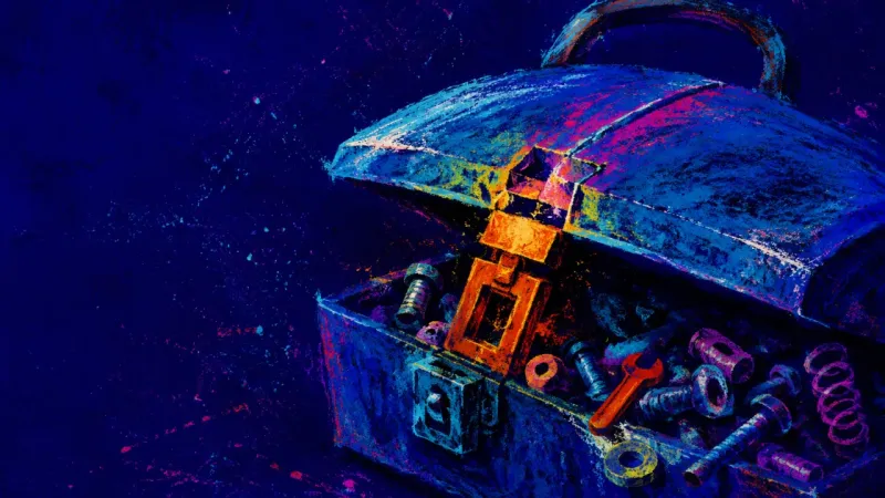 An overfilled toolbox clamped shut around loose repair parts, symbolizing the burden of taking on un