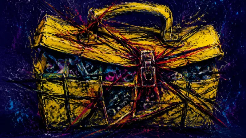A distorted toolbox trapped in tangled marks, representing caretaker burnout, hidden limits, and an