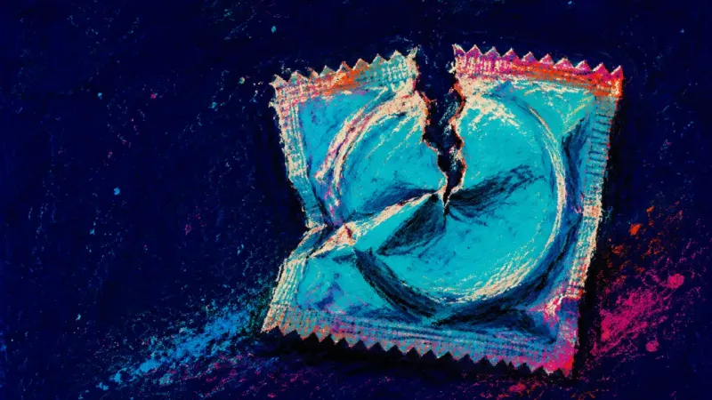 The Folded Yes An unopened condom packet folded until its sealed edge splits, symbolizing pressure to escalate intimacy before readiness.