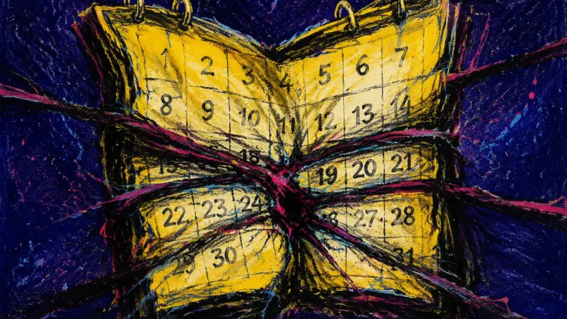 Calendar Under Siege A distorted calendar with compressed date rows, representing boundary collapse and self-erasure under pressure to accelerate a relationship.