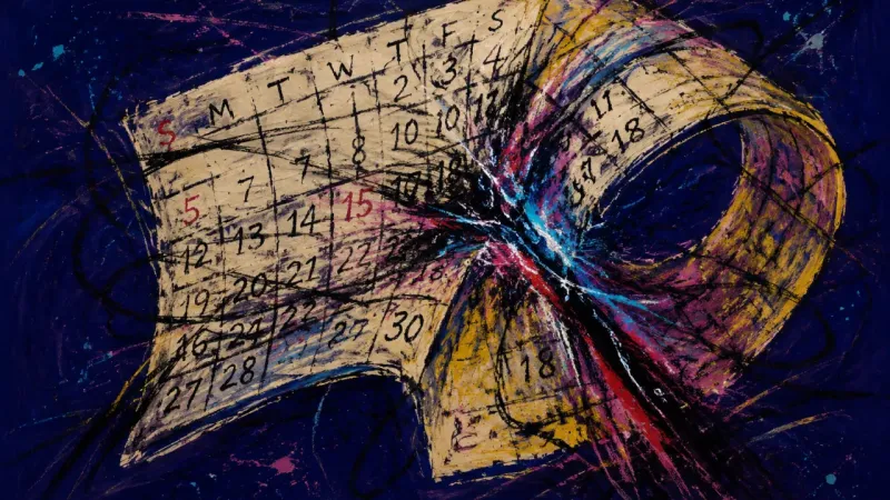 Recurring Proof A distorted calendar trapped in repeating marks, representing the pressure of confusing reunion with