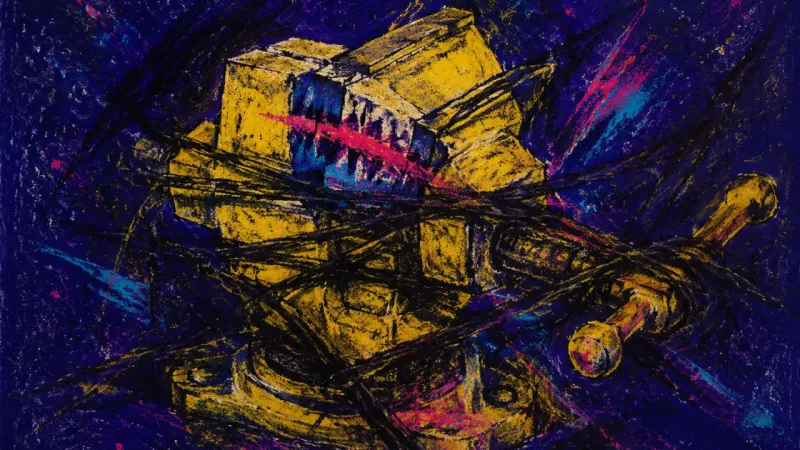 Crushed Capacity A vise crushed shut and tangled by dense lines, representing overcommitment, recognition anxiety,
