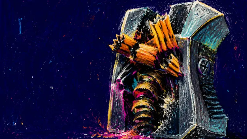 The Refinement Trap A jammed pencil sharpener symbolizing endless self-help consumption and eroding trust in personal<w>