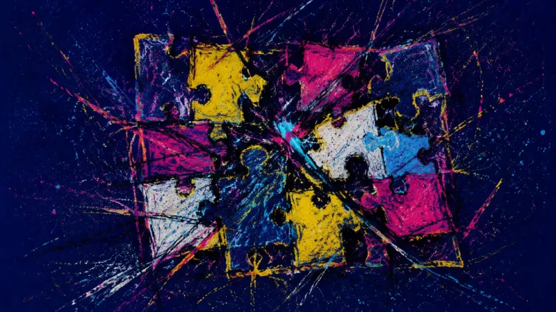 Mismatched Pieces An abstract jigsaw puzzle crushed by conflicting advice, representing analysis paralysis and weaker