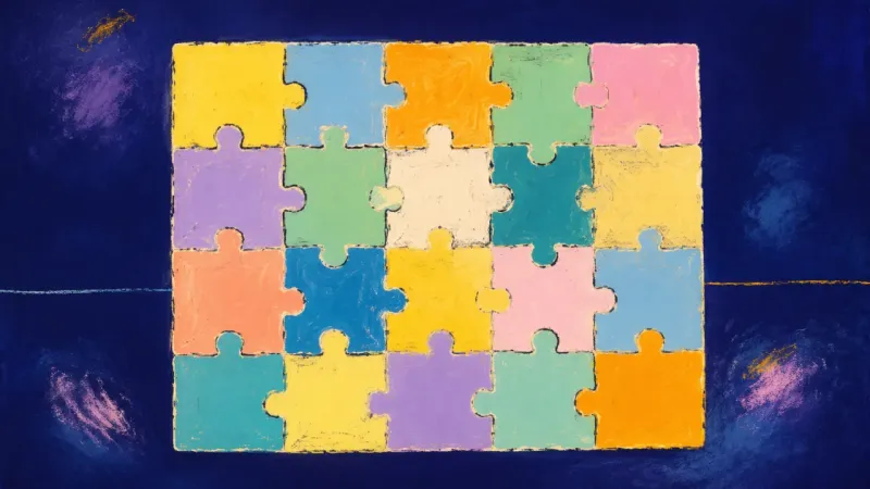 One Coherent Picture An abstract jigsaw puzzle restored into a coherent whole, representing self-trust built through one、