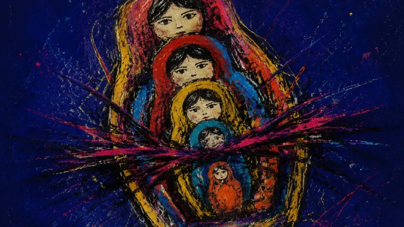 A nesting doll set crushed out of alignment and bound by chaotic lines, representing prestige biasa