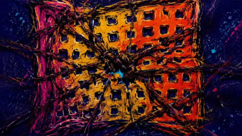 Grid Under Siege A warped pegboard bound by dense lines, representing exhaustion, lost priorities, and overcommitment