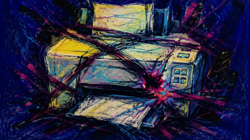 Output Denied A distorted printer strangled by chaotic lines, representing study-advice overload and fear of.