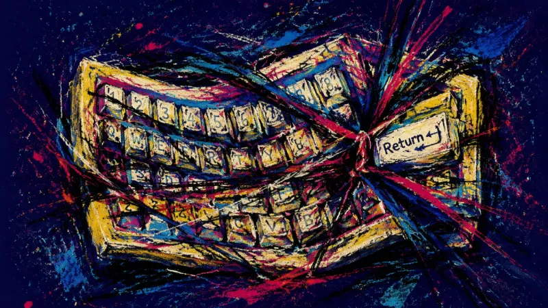 A distorted keyboard trapped in tangled lines, representing study procrastination, self-criticism,‌