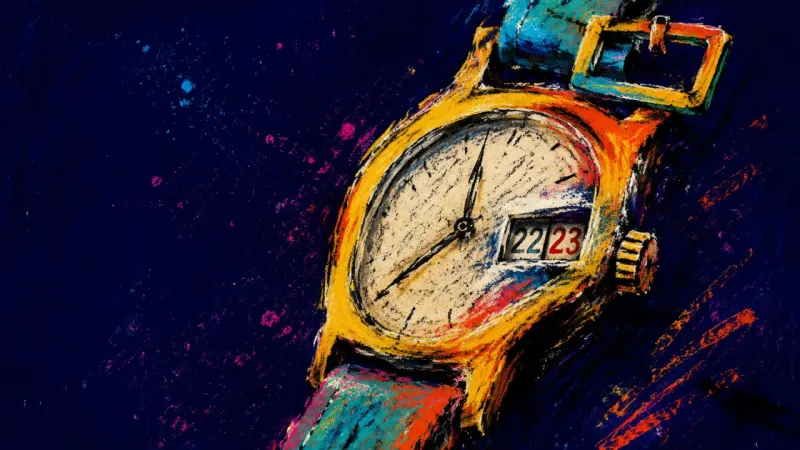 The Deferred Minute A wristwatch wound past resistance with its date caught between two numbers, symbolizing a life