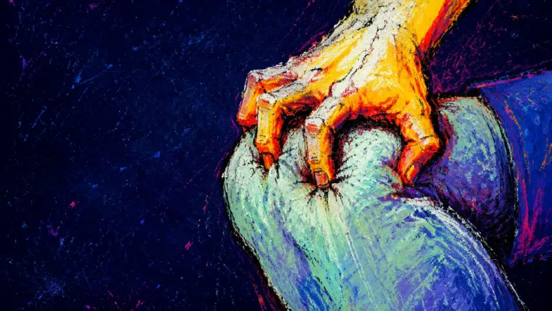 Held for Approval A hand grips a bent knee until the fingers lock, symbolizing the hidden anxiety of waiting for other