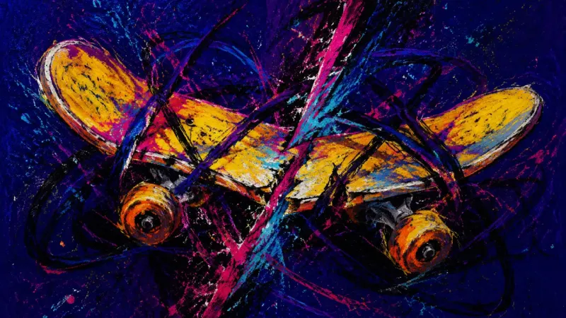 Crushed Momentum A skateboard buckled beneath tangled bands, representing perfectionism, stalled action, and the
