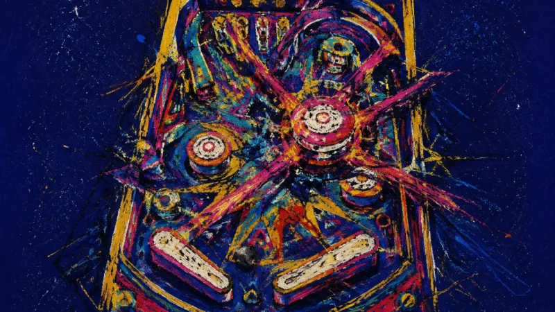 The Approval Tilt A distorted pinball playfield trapped in tangled routes, representing approval anxiety and the loss