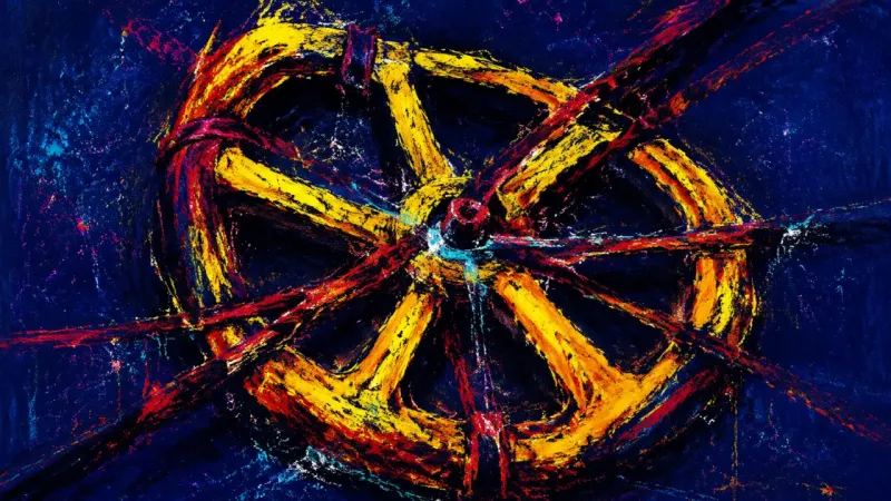 Access Under Pressure A distorted valve wheel bound by crossing lines, representing oversharing, fragile belonging, and