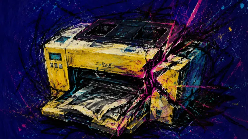 A crushed printer represents rejection-triggered procrastination and lost academic focus after study