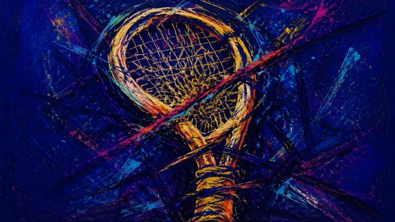 A crushed tennis racket trapped in tangled strings, representing selective judgment and suppressed