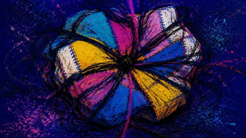 Patchwork Under Pressure A distorted quilt bound by chaotic lines, representing boundary collapse and loss of self during int