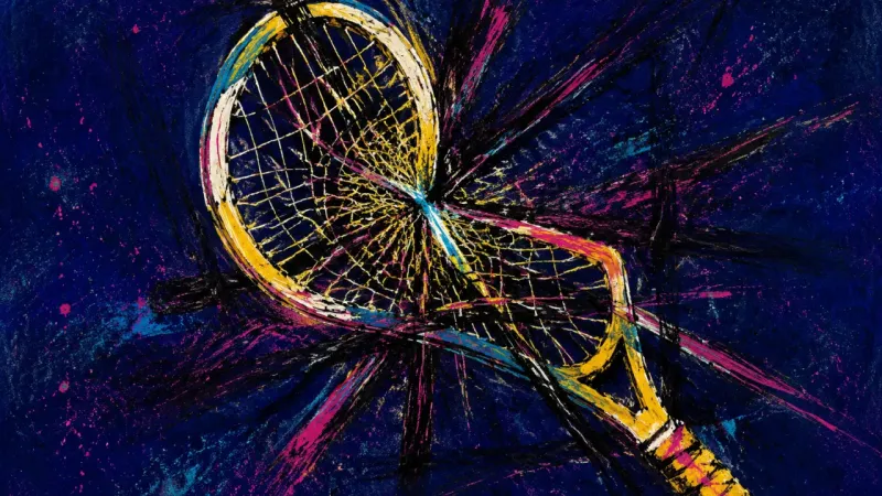 Overstrung Belonging A warped tennis racket bound into a dense knot, representing relational anxiety, over-responsibility
