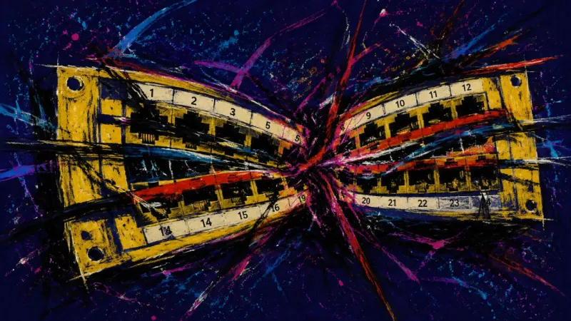 A buckled patch panel strangled by clashing lines, representing micromanagement, vigilance, and the 