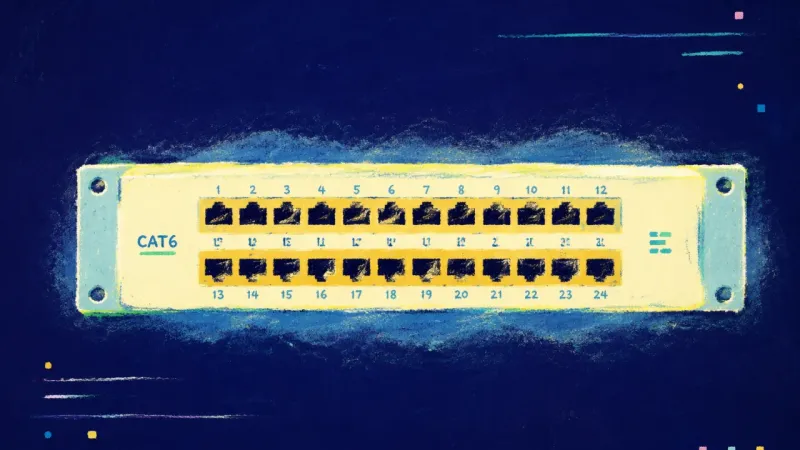 An ordered patch panel with evenly aligned ports, representing shared standards, delegated decisions