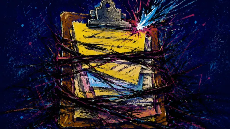 Clamped Backlog An overloaded clipboard represents the paralysis of seeing overdue study work as one impossible task