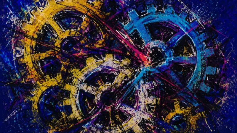 The Jammed Sequence A crushed gear train tangled by chaotic lines, representing study paralysis caused by uncertainty