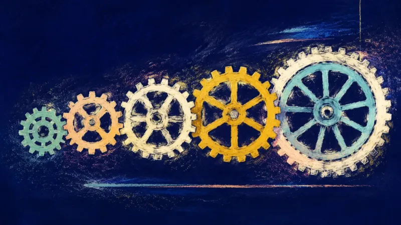 Sequence in Motion A restored gear train with aligned wheels, representing confidence built through one manageable acta