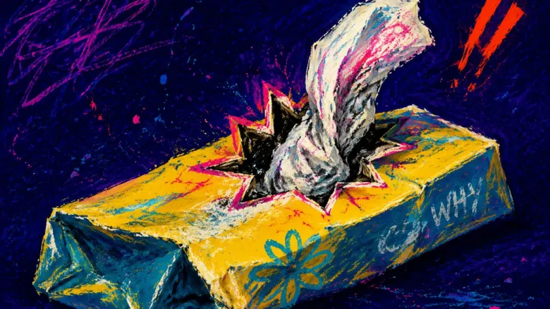 A crushed tissue box with its last tissue twisted into the torn opening, symbolizing the pressure to