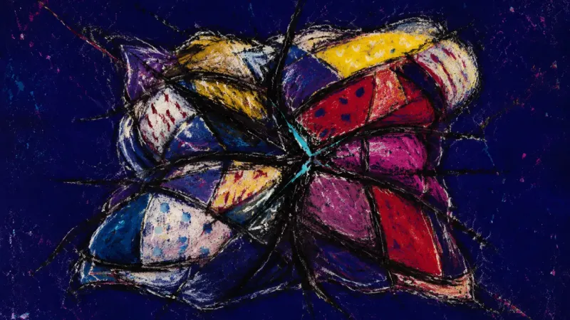 Crushed Inheritance A distorted quilt bound by chaotic lines, representing family guilt, blurred responsibility, and