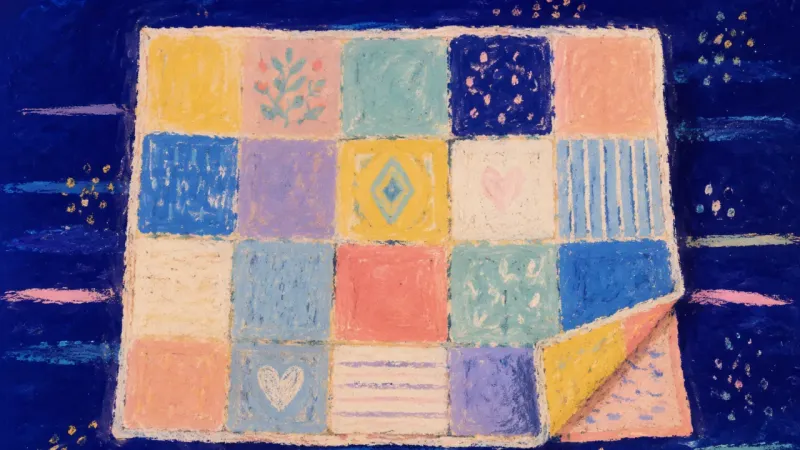 Inherited Order Restored A restored quilt with ordered patches and intact edges, symbolizing family guilt resolved through яс