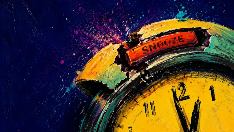 The Delayed Signal A damaged alarm clock with its snooze button jammed, symbolizing the comfort trap of delaying a life