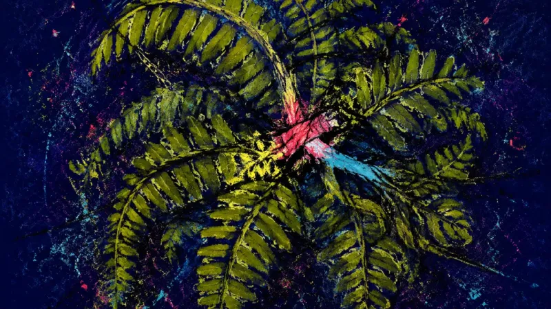 Fronds Under Pressure A compressed fern bound by crossing lines, representing career warning signs buried by fear, compli