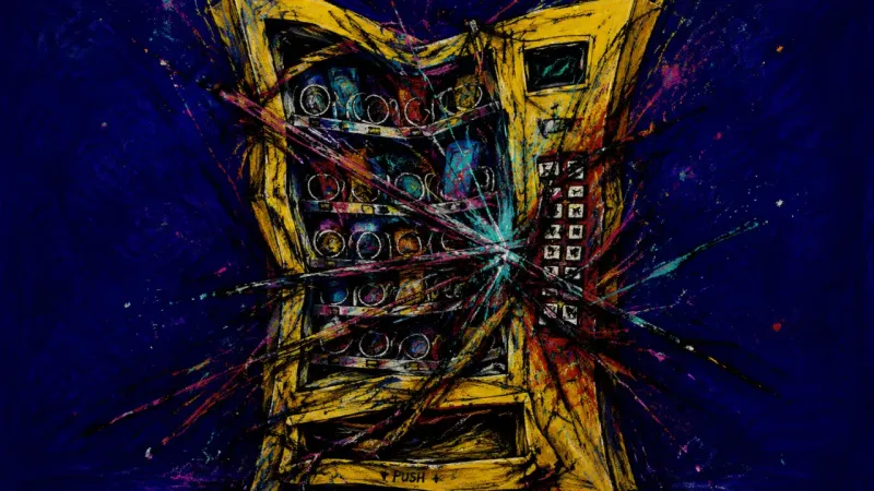 A vending machine crushed by tangled choices, representing study-advice overload and the paralysis