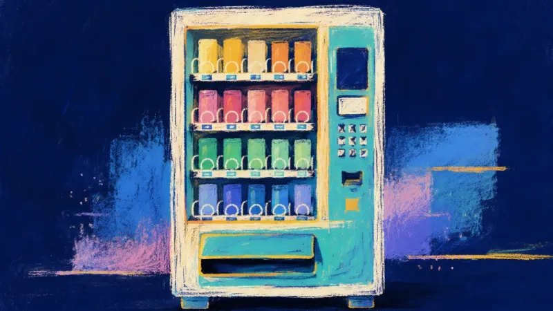 A restored vending machine with ordered choices and a clear retrieval opening, symbolizing study