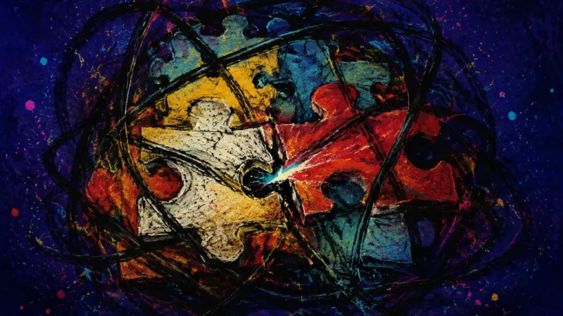 A jigsaw puzzle forced into misaligned pieces and tangled marks, representing career paralysis and
