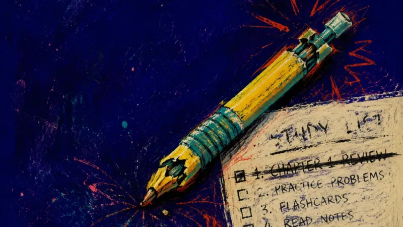 A crushed mechanical pencil pressed against an untouched study list, symbolizing fear of choosing\nt