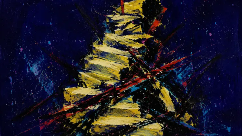 An abstract staircase tangled by oppressive lines, representing structure-dependent procrastination