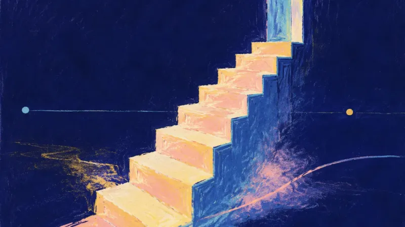 An orderly staircase representing clarity after procrastination, with each step offering a concrete,