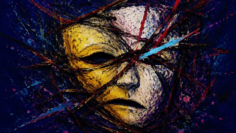 Mask Under Pressure A distorted theatre mask trapped in tangled marks represents public-persona burnout, self-monitoring