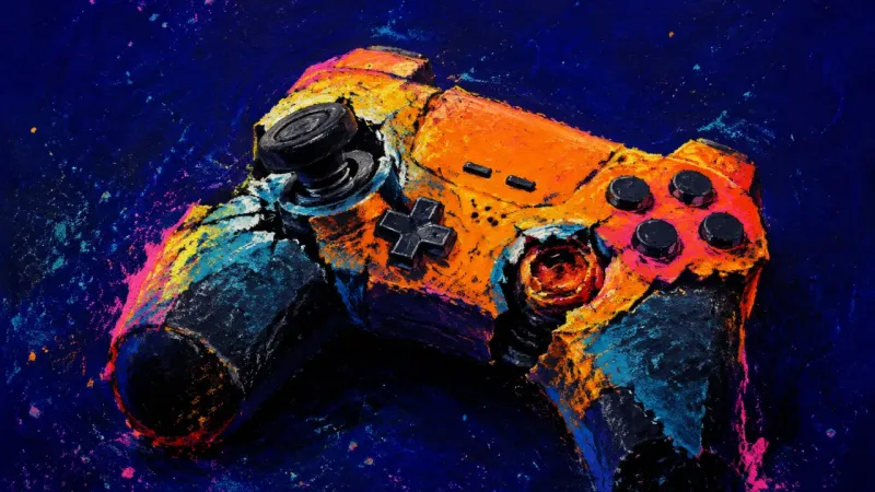 The Instant Override A game controller with crushed grips and a jammed button, symbolizing the compulsive pull of immediate reward over deliberate choice.