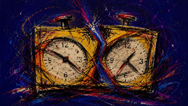 The Crushed Interval A distorted chess clock bound by chaotic lines, representing frustrated self-control, overloaded judgment, and compulsive urgency.