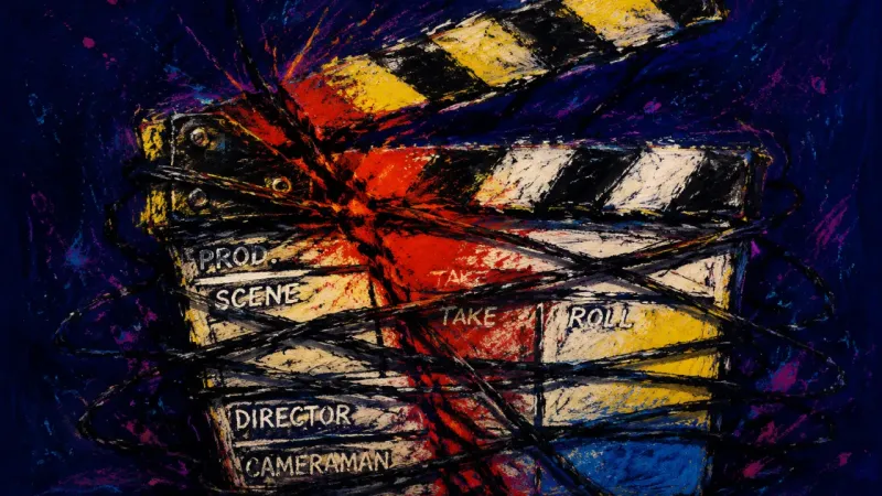 A clapperboard crushed by tangled lines, representing prestige-driven career choices that suppress