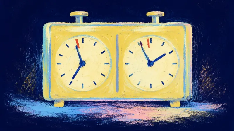 The Chosen Interval A restored chess clock in balanced order, representing a deliberate pause, practical agency, and steadier self-trust.