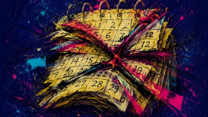 A warped calendar tangled in crossed marks, representing delayed decisions and reliance on an unprol