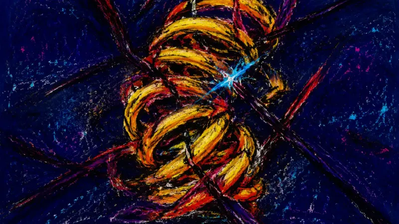An abstract spring tangled into a repeating knot, representing the pressure of returning to a  000