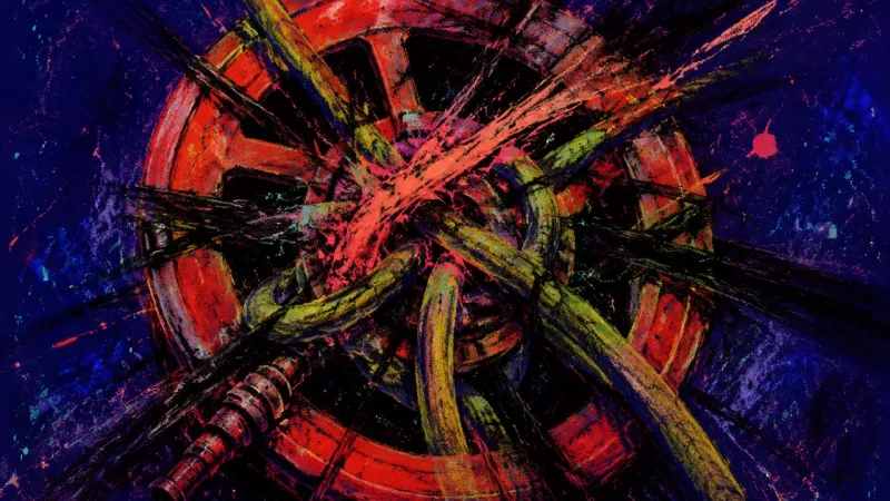 Reel Under Siege A crushed fire hose reel tangled into dense knots, representing emotional exhaustion and friendships