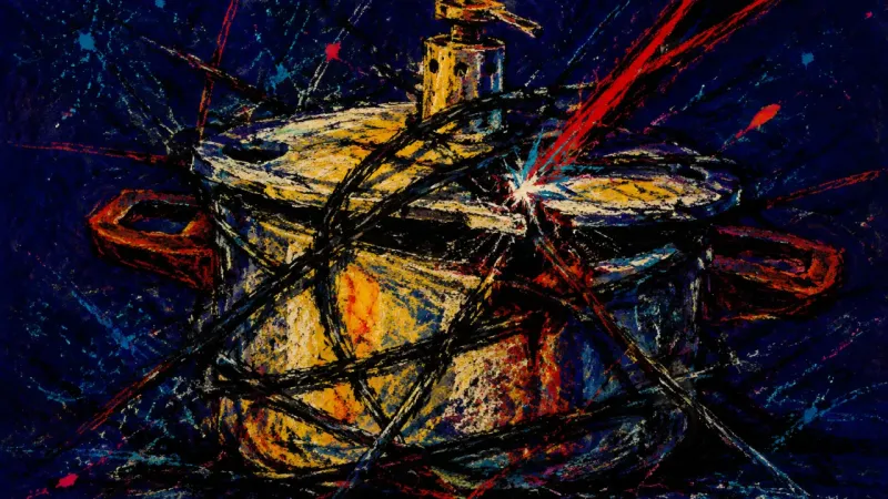 A crushed pressure cooker bound by chaotic lines, representing approval-driven overwork, suppressed